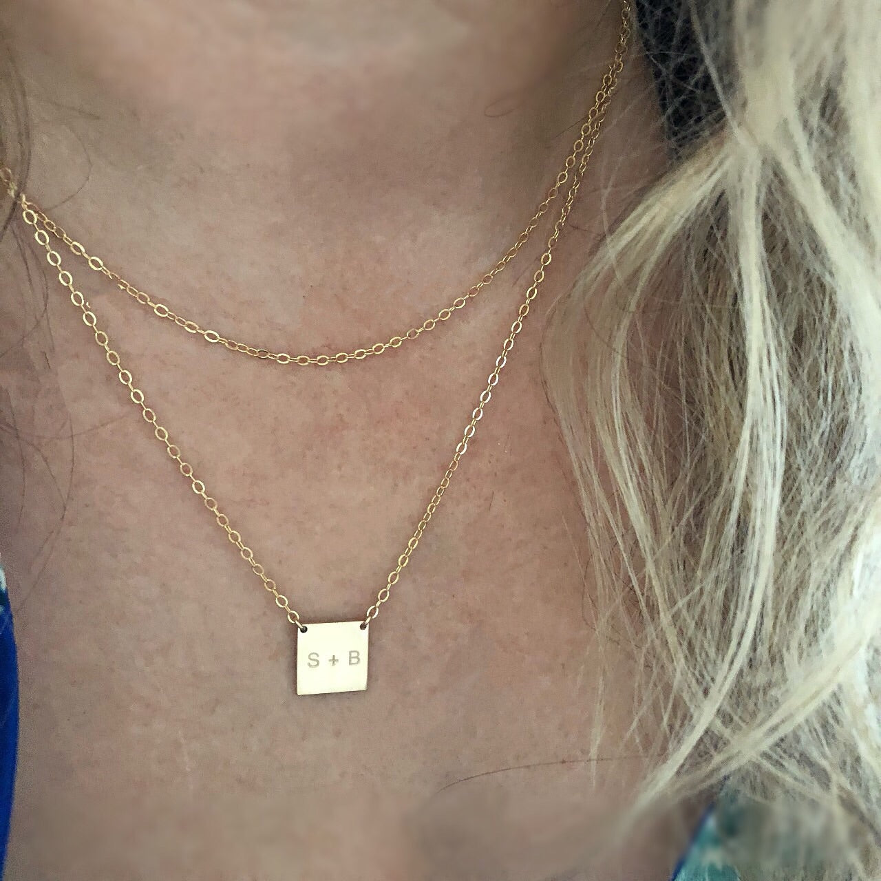 Layered Chain Square Pendant Necklace
