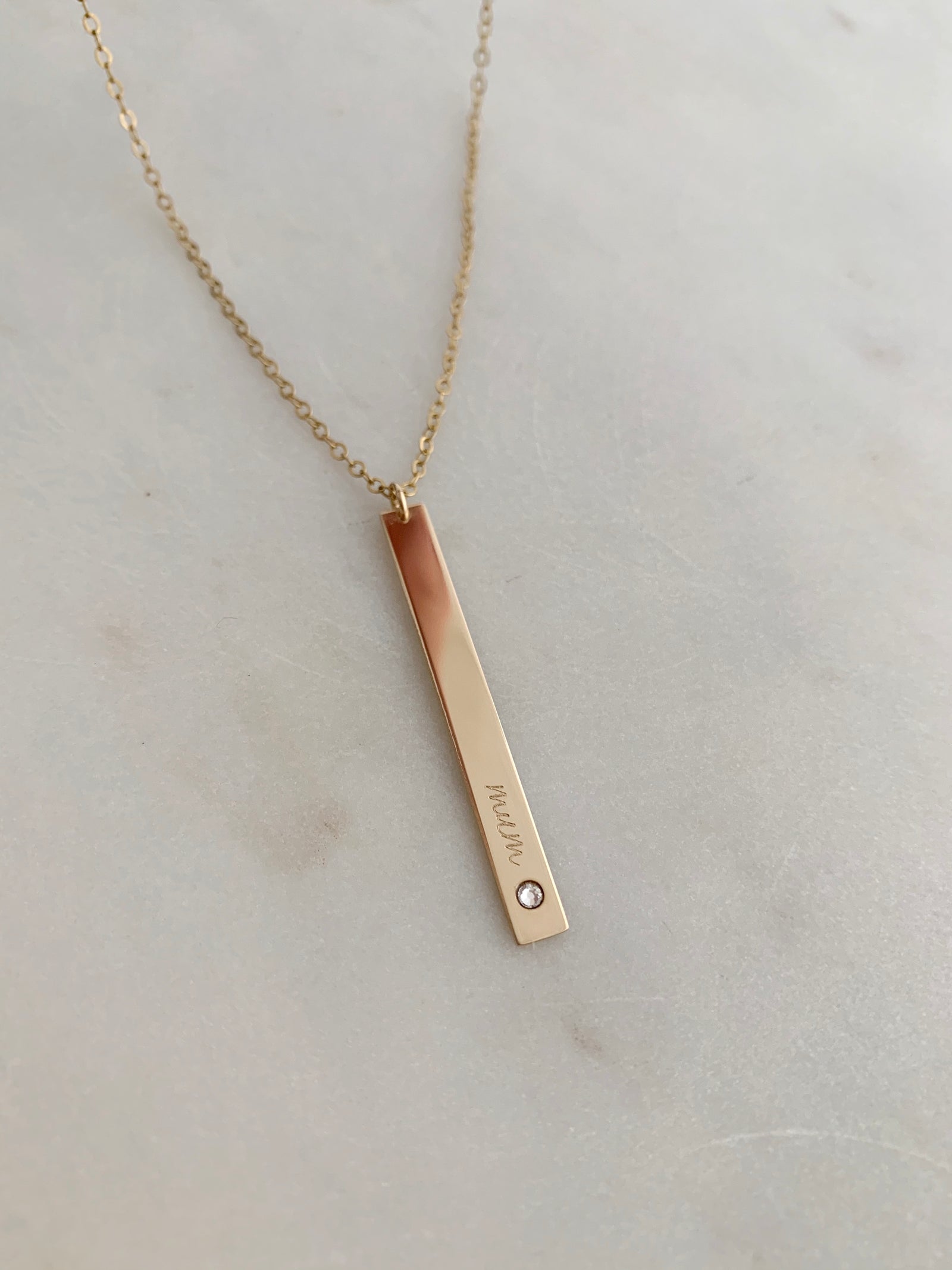 MUM Engraved dainty bar vertical pendant necklace