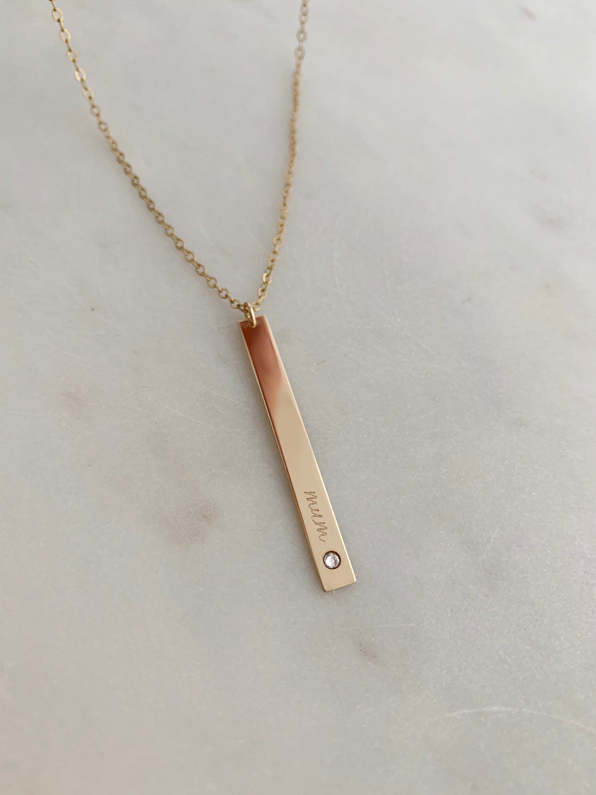 MUM Engraved dainty bar vertical pendant necklace